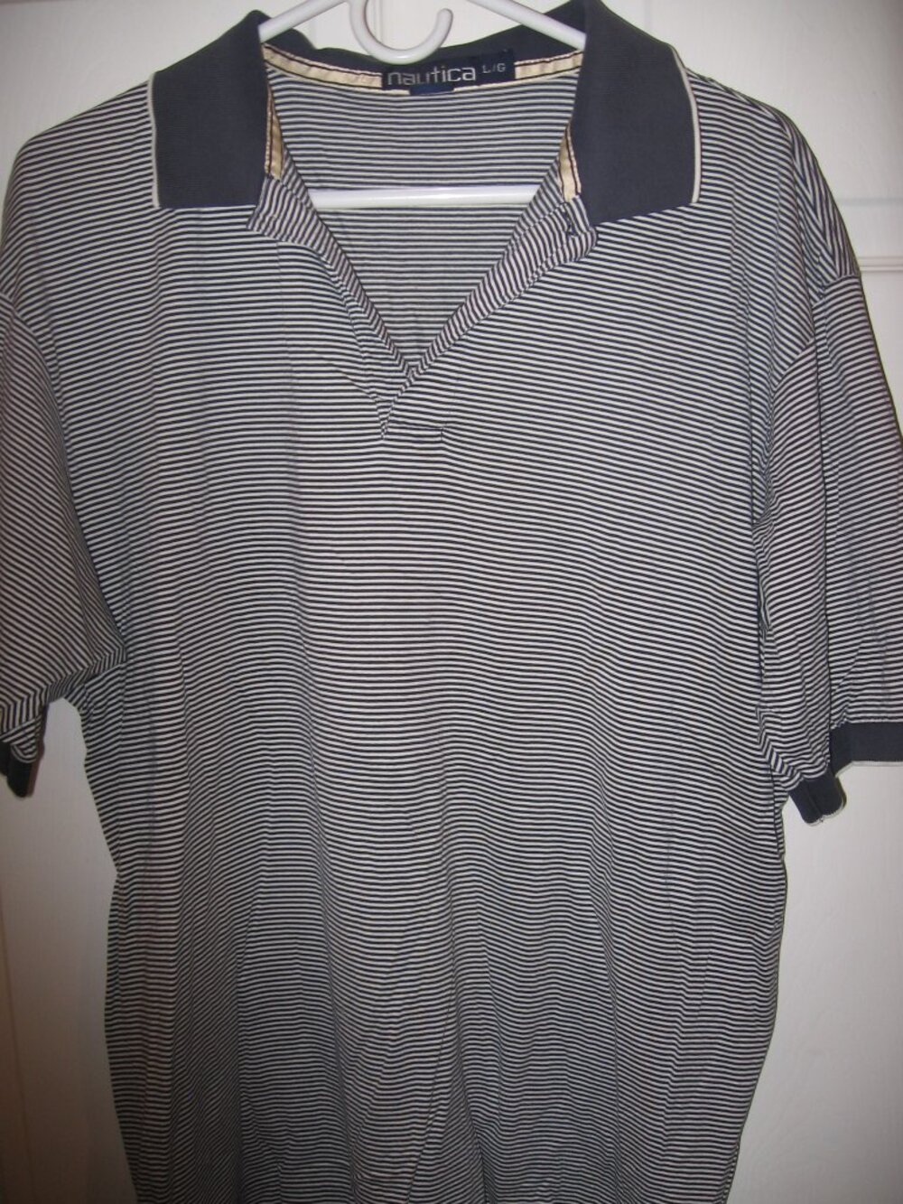 Nautica Polo Shirt Men's Size Large Blue & White Breton Striped 100% Cotton